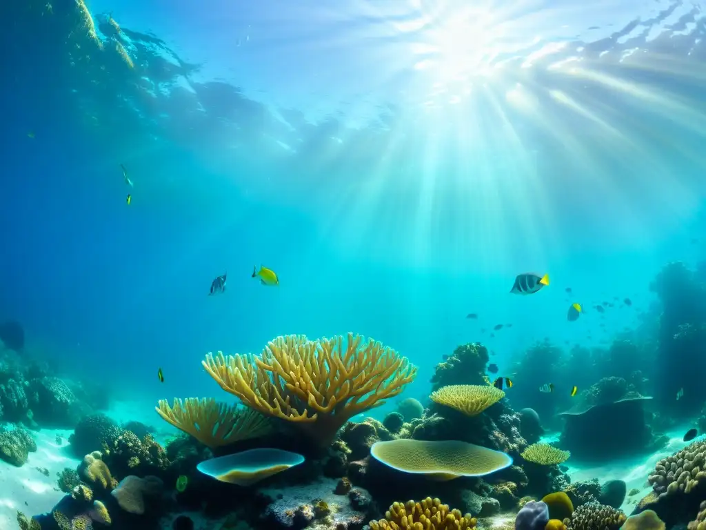 Un hermoso acuario submarino recrea corrientes marinas, con corales coloridos y peces tropicales en aguas turquesa