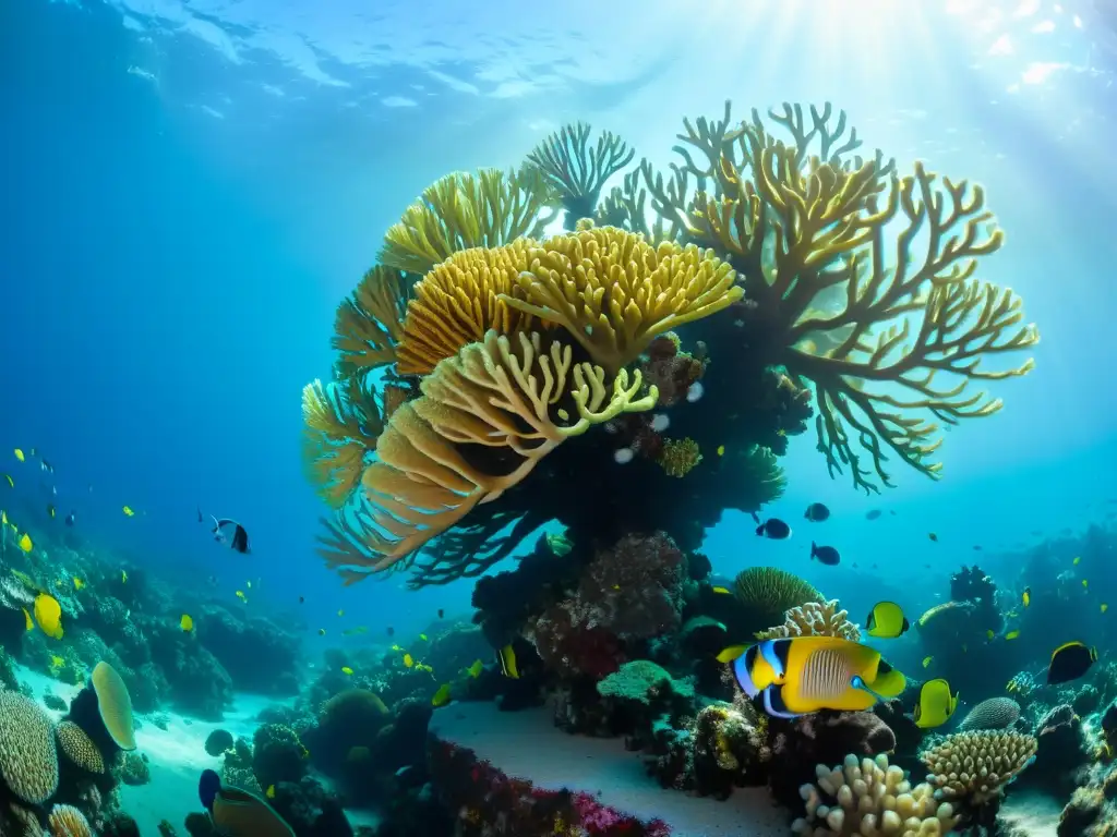 Un hermoso arrecife de coral en un acuario marino, con diversidad de especies y colores vibrantes