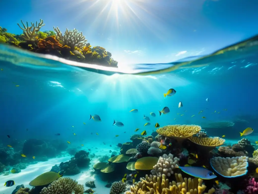 Arrecife de coral vibrante: belleza marina en su hábitat natural Un hermoso arrecife de coral con peces coloridos y vida marina, iluminado por el sol a través del agua cristalina