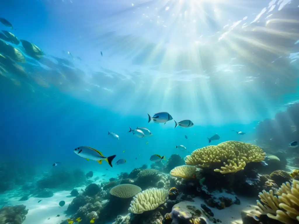 Hermoso arrecife de coral con peces plateados y herencia cultural cocina mariscos en un ecosistema submarino diverso y tranquilo