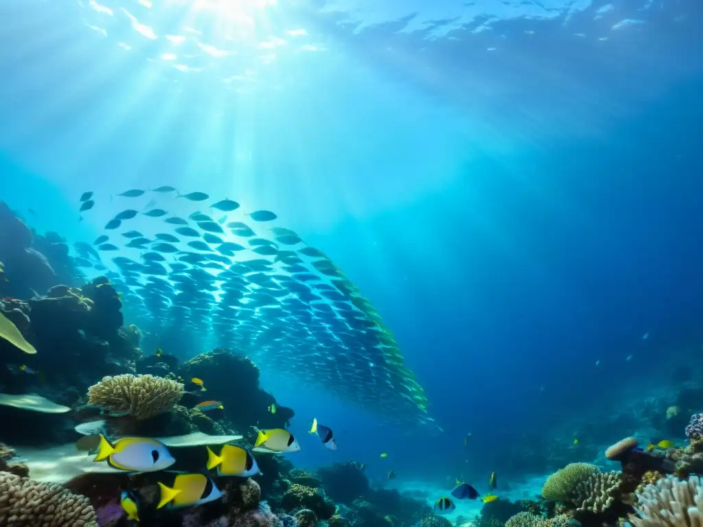 Un hermoso arrecife de coral, donde peces tropicales nadan en aguas cristalinas