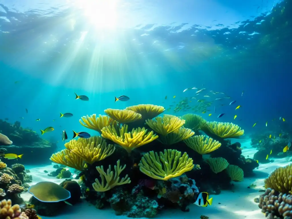 Un hermoso arrecife de coral repleto de peces coloridos y plantas marinas meciéndose suavemente bajo el agua cristalina del océano