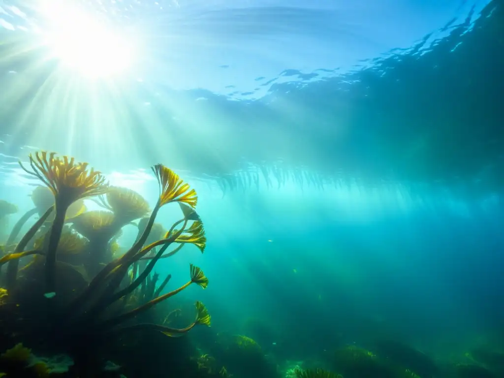 Un hermoso bosque de algas marinas bajo el agua, muestra el potencial revolucionario de cultivos de algas en la preservación del ecosistema marino