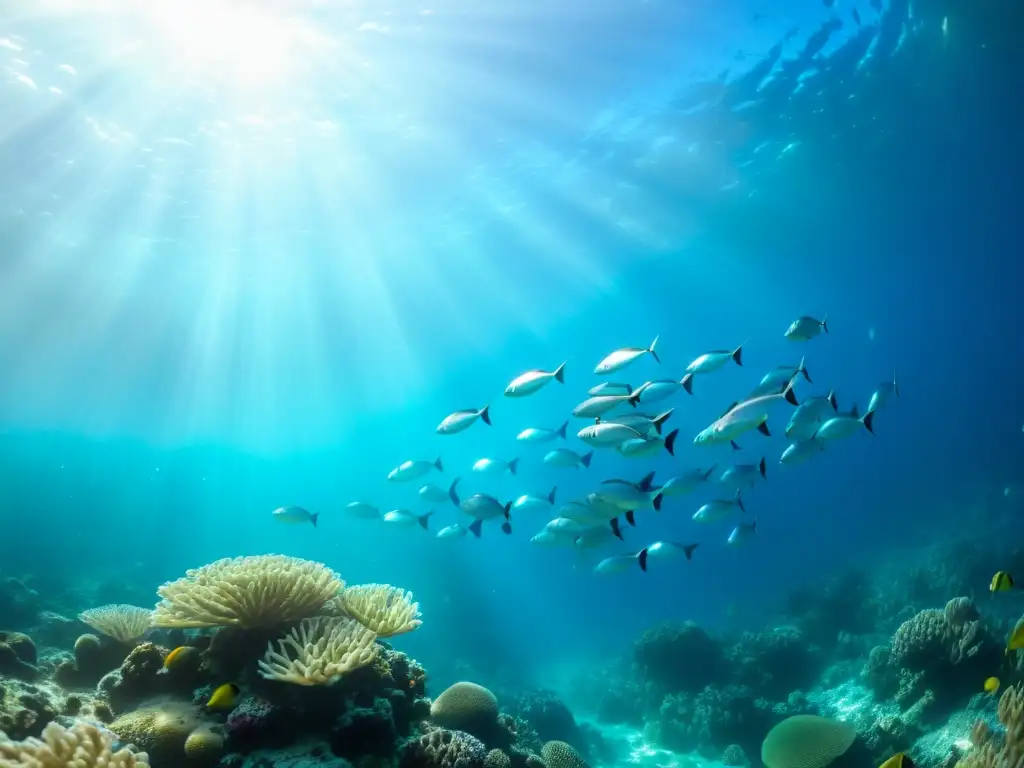 Un hermoso cardumen de peces plateados nada entre arrecifes de coral vibrantes, iluminados por el sol filtrado a través del agua cristalina