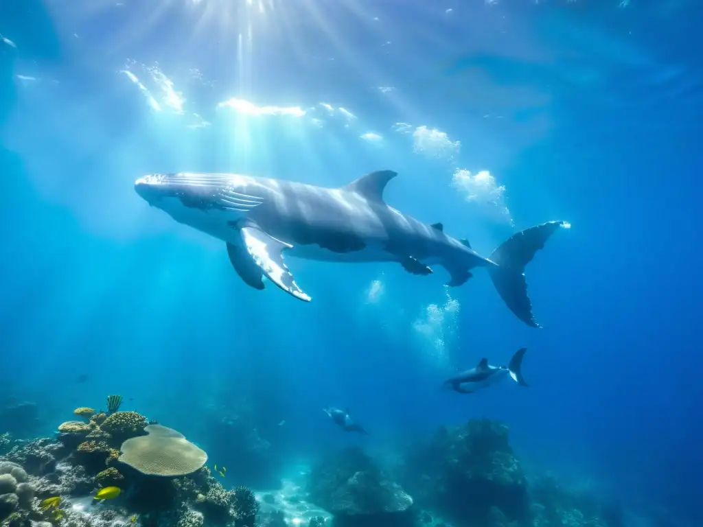 Hermosos y majestuosos ballenas jorobadas nadando entre un arrecife de coral vibrante, enfrentando el cambio climático en la vida marina