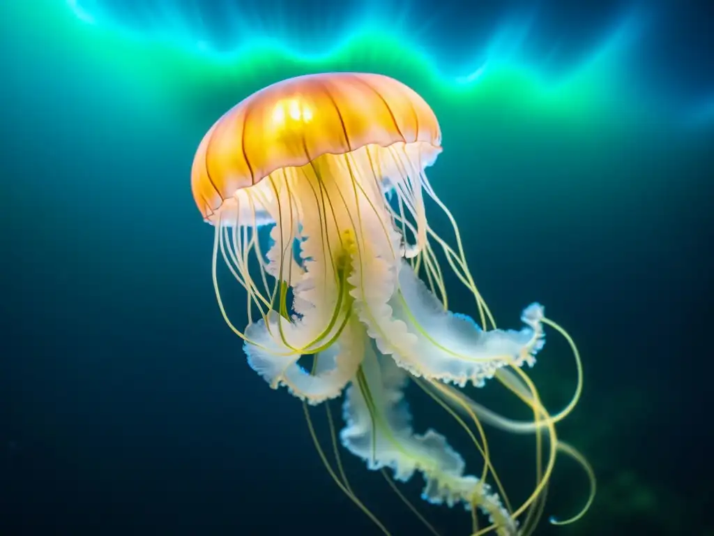 Una hipnótica fotografía nocturna de la vida marina en el océano, mostrando la belleza misteriosa y encantadora de una medusa bioluminiscente