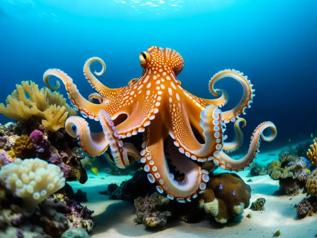 Un hipnótico pulpo se desliza entre un vibrante arrecife de coral en un acuario doméstico, mostrando su asombrosa coloración