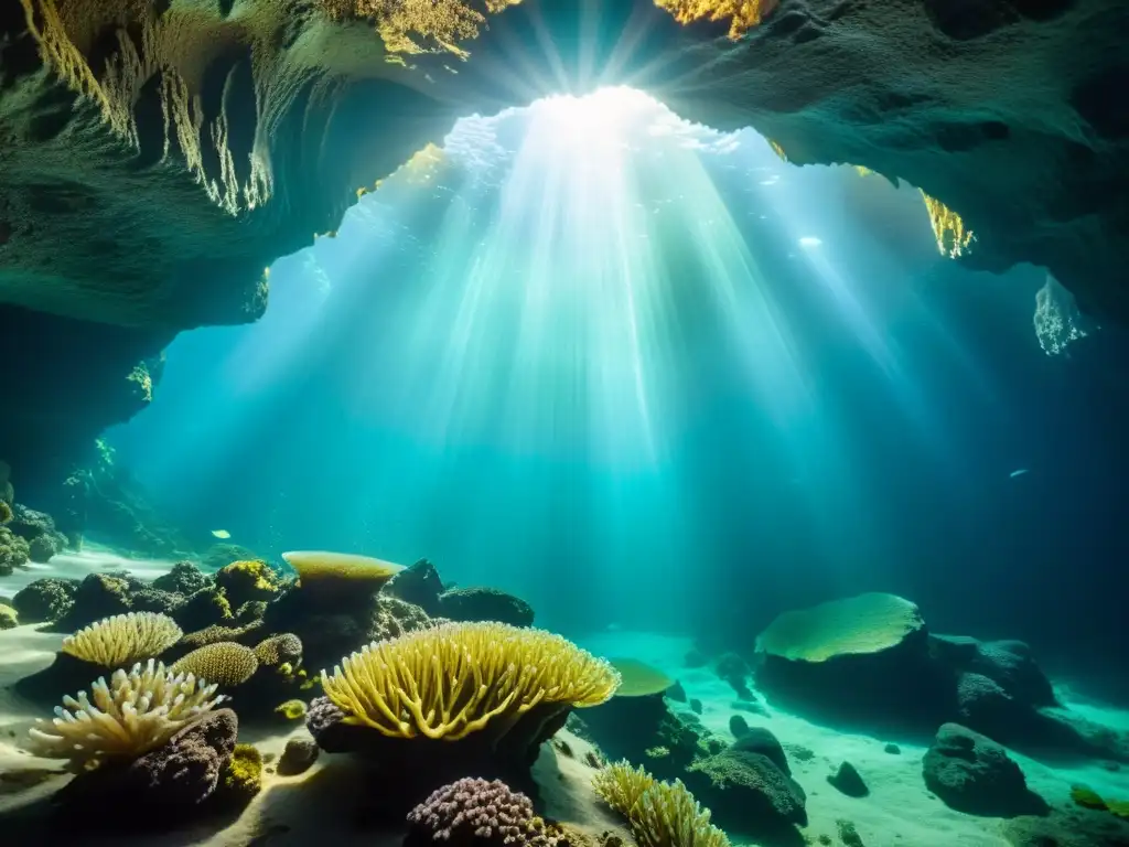 Explora las historias de buceadores en cuevas submarinas, con la belleza etérea de la vida marina iluminada por la luz del sol