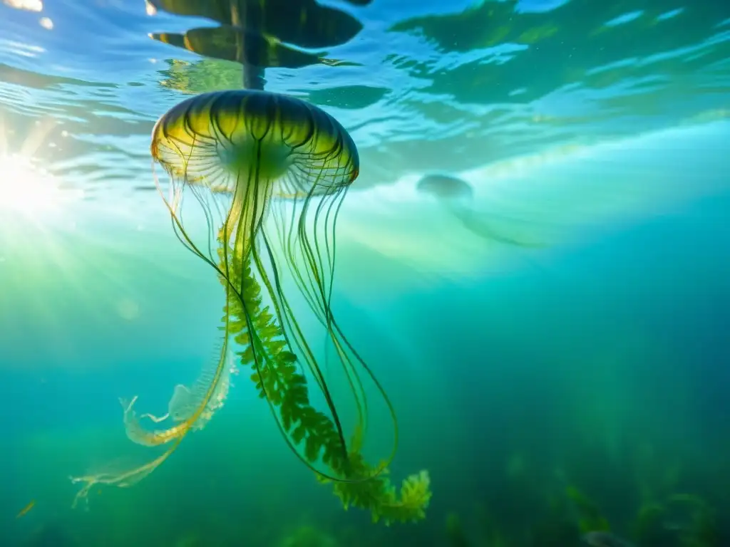 Imagen de algas azules en movimiento bajo el agua, creando un paisaje marino vibrante y lleno de vida