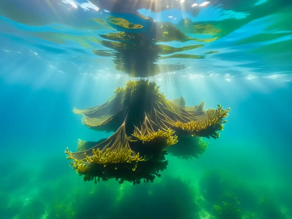 Imagen de algas marinas en el fondo del océano, creando un escenario sereno y vibrante