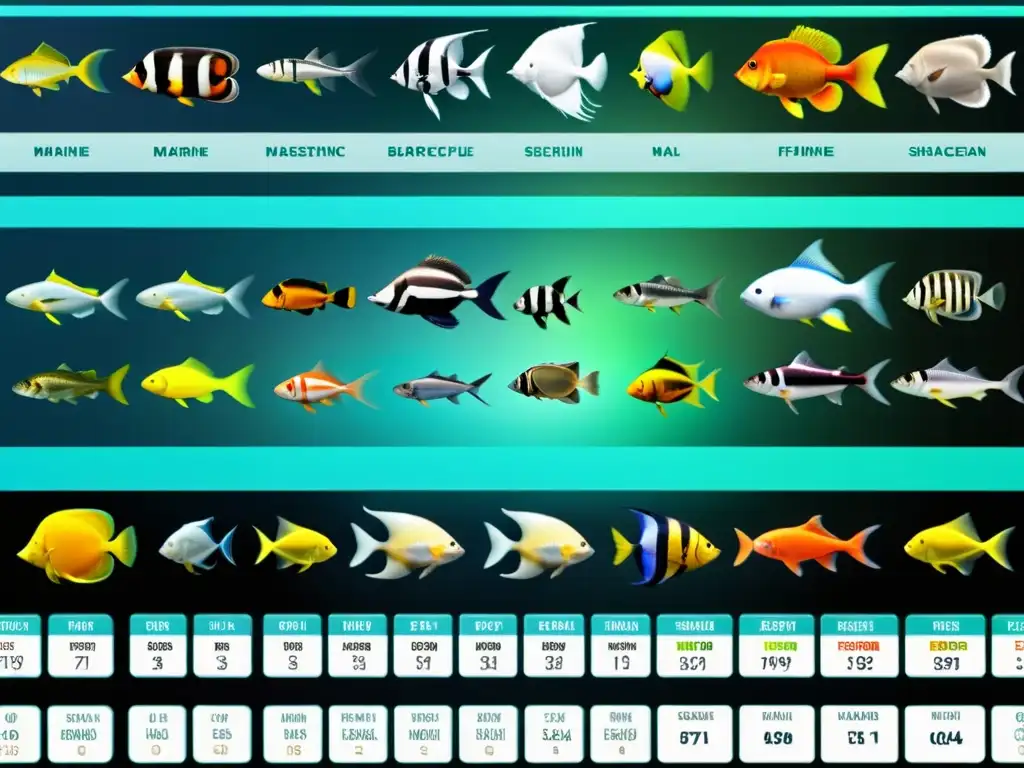 Una imagen de alta resolución que muestra una diversidad de especies marinas con sus nombres científicos y códigos de barras de ADN