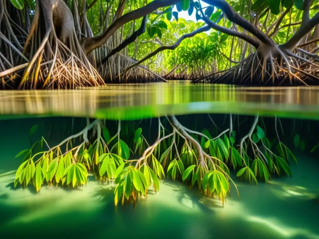 Imagen de alta definición de un sereno bosque de manglares, con luz solar filtrándose a través del frondoso dosel y creando patrones en el agua