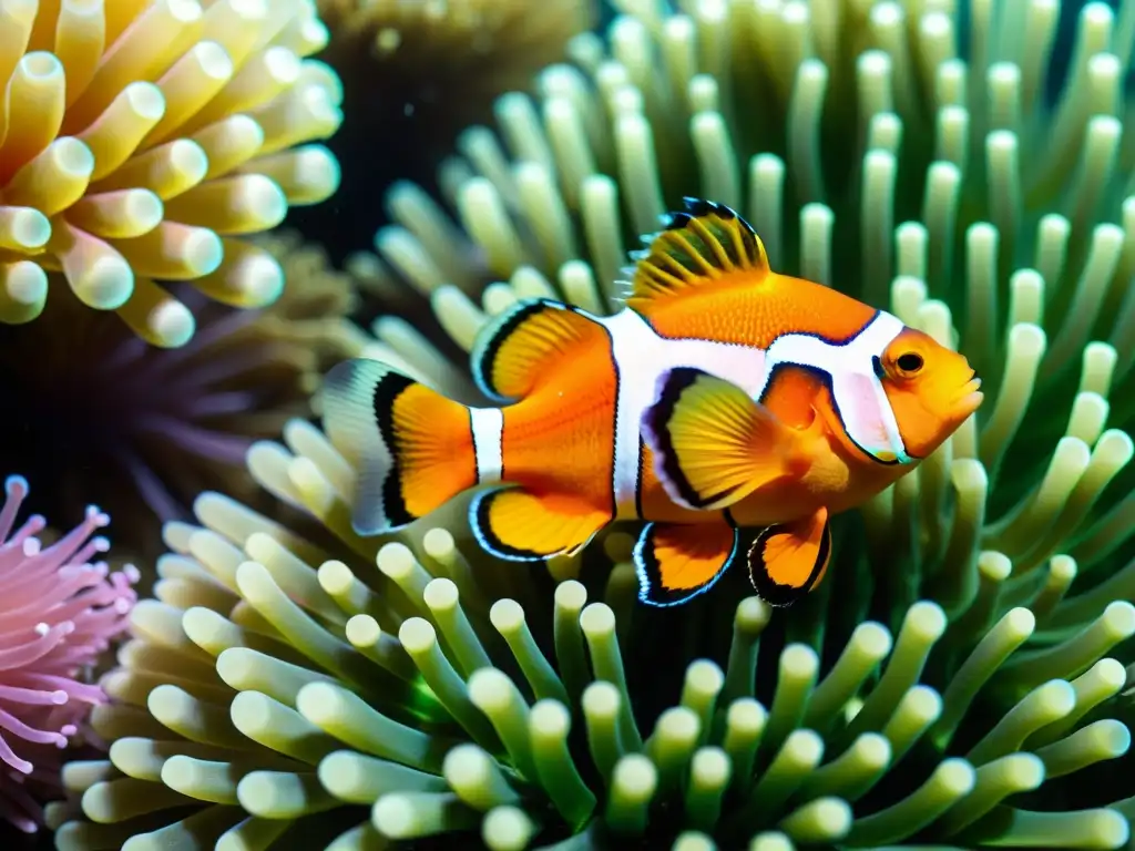 Imagen de la amistad entre peces payaso y anémonas en un vibrante escenario submarino con colores vivos y armonía única