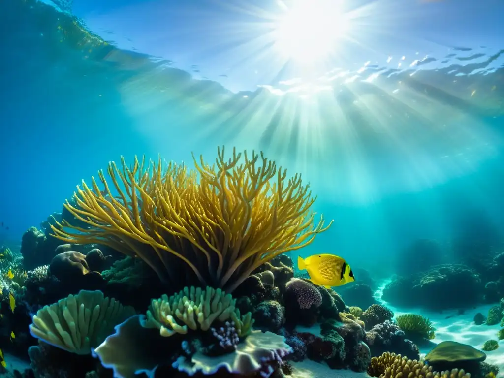 Imagen de un arrecife de coral bajo el agua, iluminado por el sol, mostrando joyas artesanales con arena marina y una diversidad marina impresionante