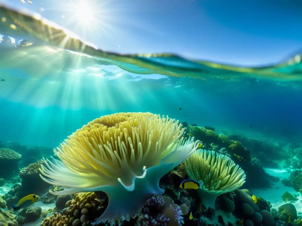 Arrecife de coral: danza de vida bajo el mar Imagen de un arrecife de coral en un océano cristalino, mostrando corrientes marinas que replican el movimiento de vida acuática vibrante