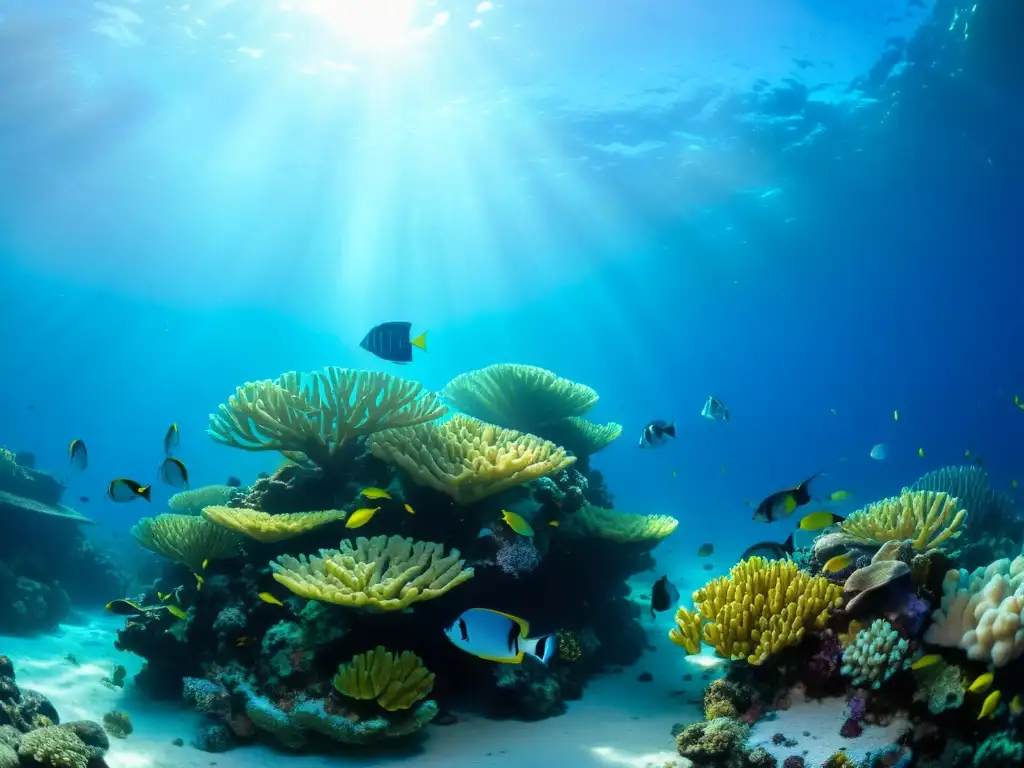 Imagen de un arrecife de coral vibrante y lleno de vida marina bajo el agua, iluminado por el cálido sol