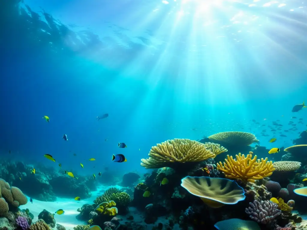 Imagen de un arrecife de coral vibrante, repleto de peces coloridos y vida marina, bañado por la luz del sol