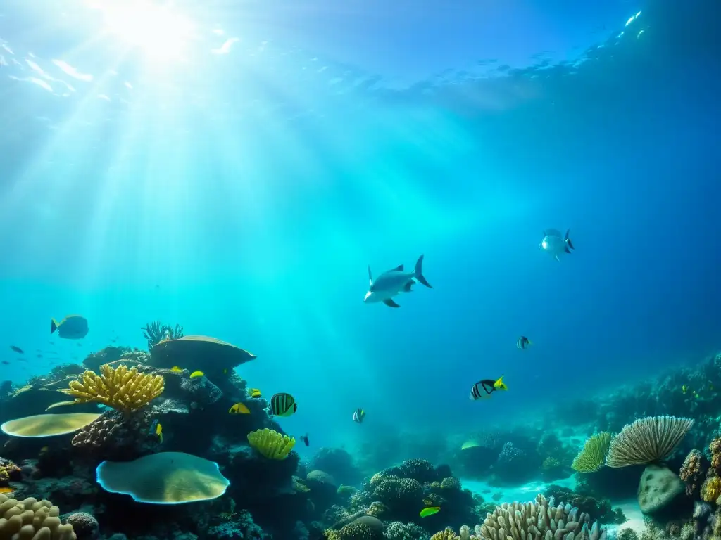 Imagen de un arrecife de coral vibrante y lleno de vida marina, con peces, tortugas y flora marina colorida