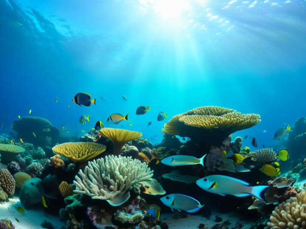 Imagen 8k de un arrecife de coral vibrante y diverso, con peces coloridos