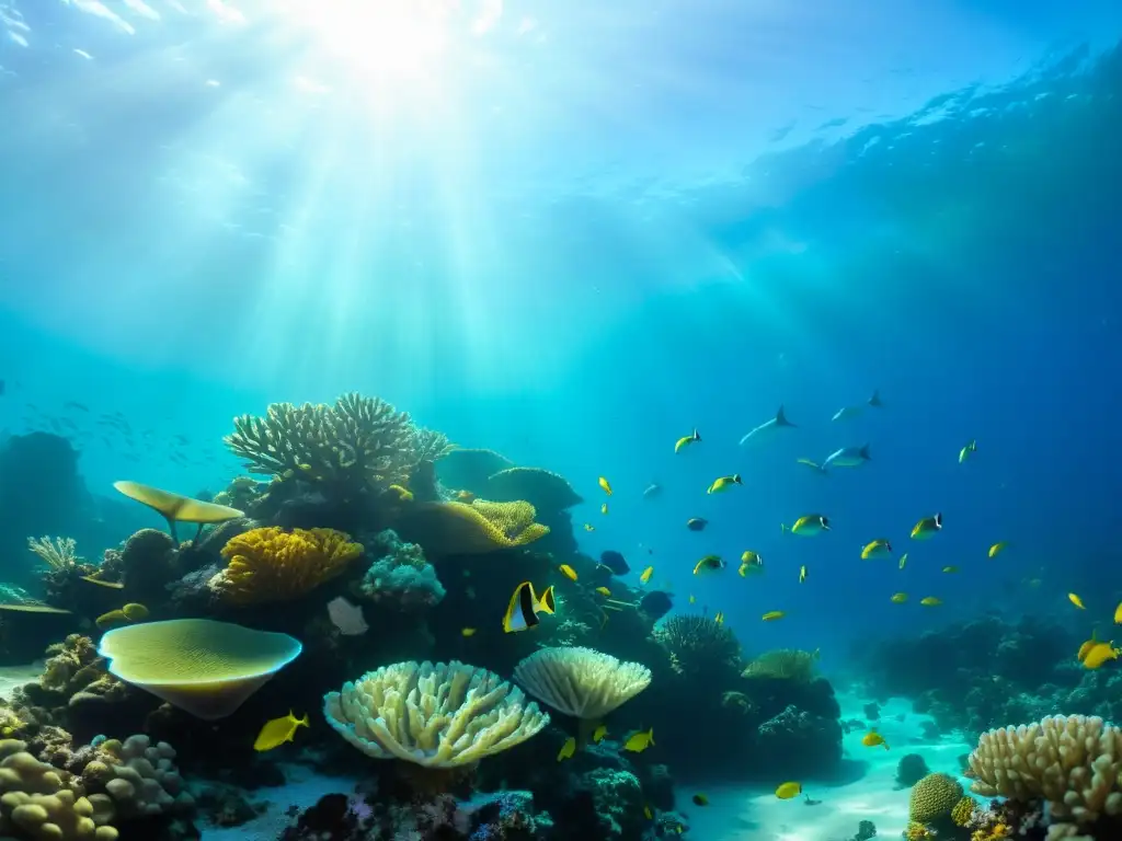 Imagen de un arrecife de coral vibrante, repleto de vida marina, bajo el agua