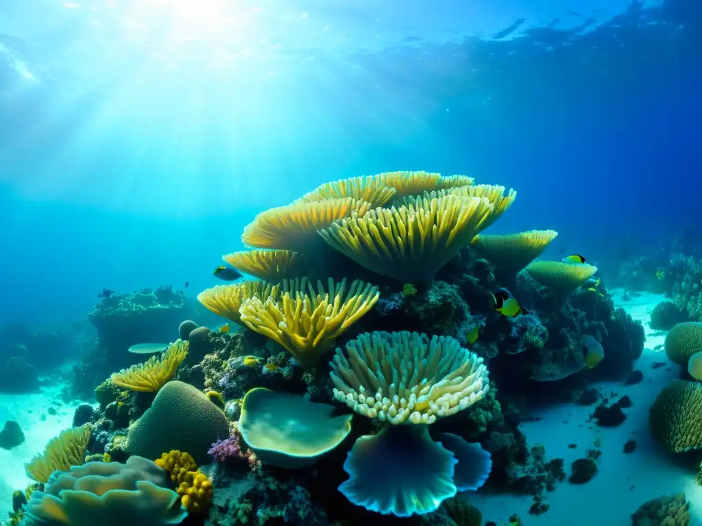 Imagen de un arrecife de coral vibrante en los atolones privados de Fiji, con vida marina colorida y agua cristalina