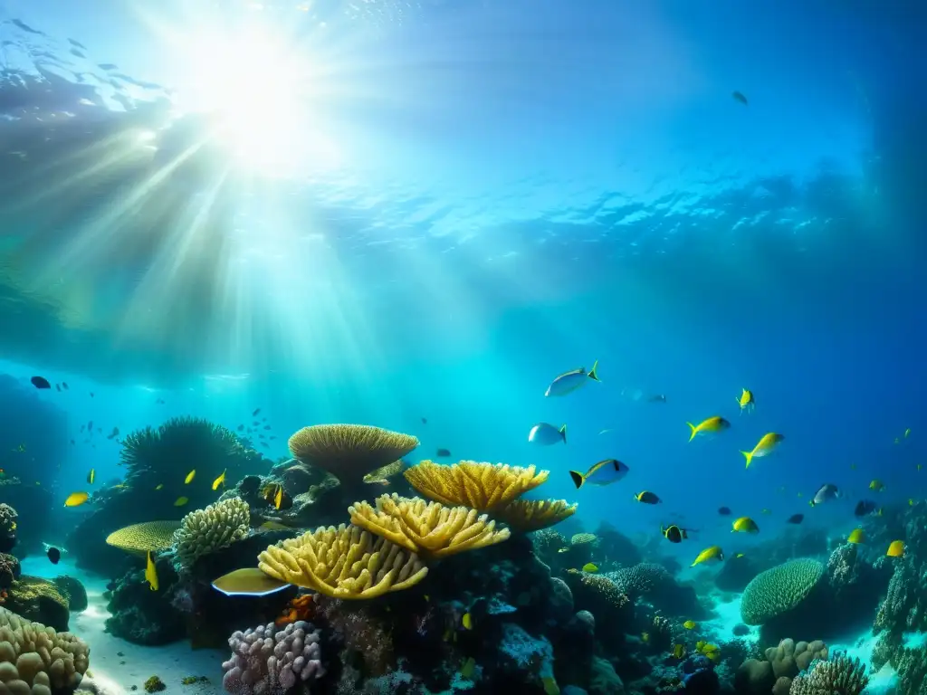 Imagen de un arrecife de coral vibrante y diverso, con peces coloridos y formaciones de coral, bajo la luz del agua