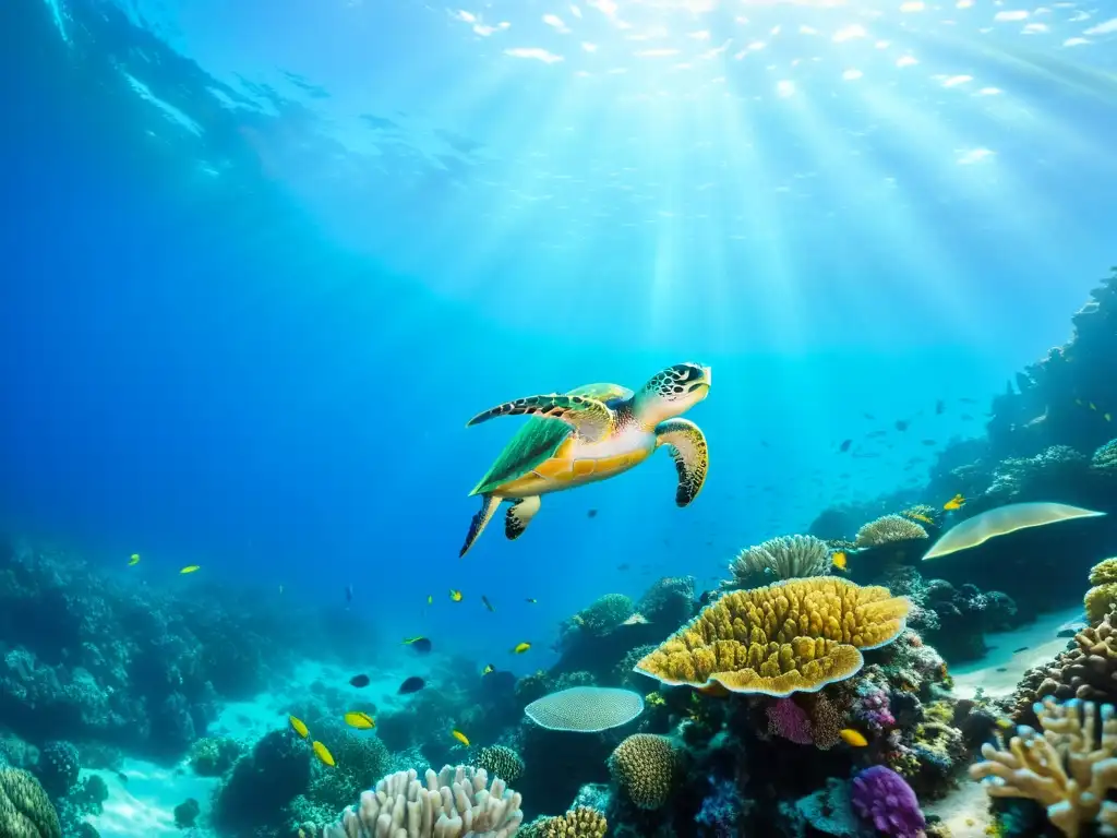 Imagen de un arrecife de coral vibrante y diverso en Zonas Económicas Exclusivas, con vida marina colorida y majestuosa protección marina