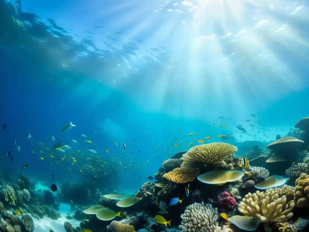 Imagen de un arrecife de coral vibrante, lleno de peces coloridos y vida marina