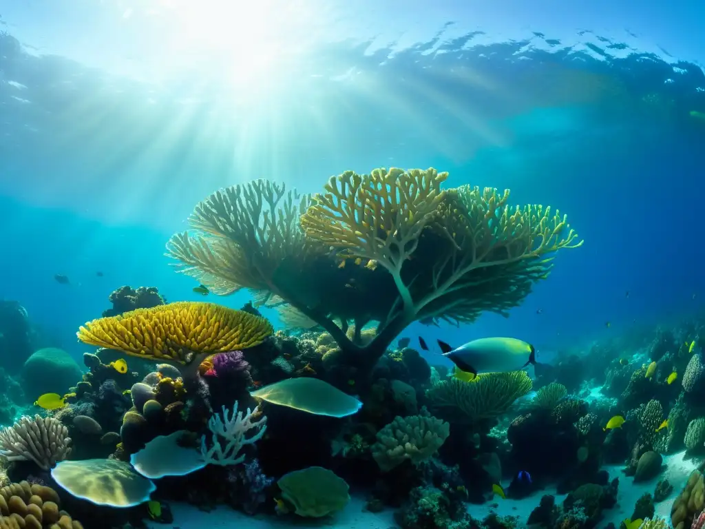 Imagen de arrecife de coral vibrante y diverso, con vida marina en equilibrio del sustrato en acuario marino