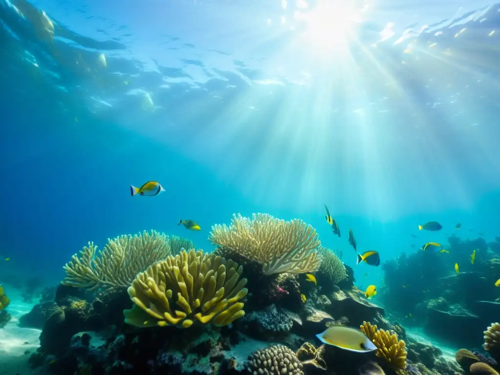 Imagen de un arrecife de coral submarino con peces coloridos, reflejando la belleza natural y los beneficios del colágeno marino para la piel