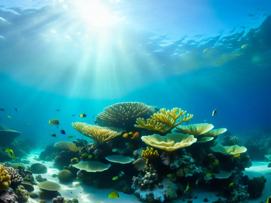 Imagen de un arrecife de coral vibrante bajo el agua, repleto de vida marina colorida y formaciones de coral