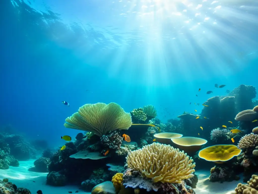 Imagen de un arrecife de coral vibrante bajo el agua, con beneficios para la piel de los oligoelementos marinos