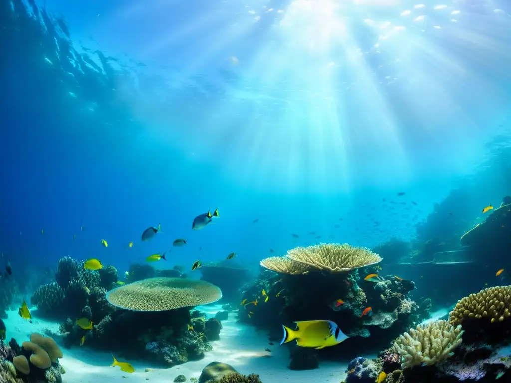 Imagen de un arrecife de coral vibrante bajo el agua con peces coloridos y vida marina