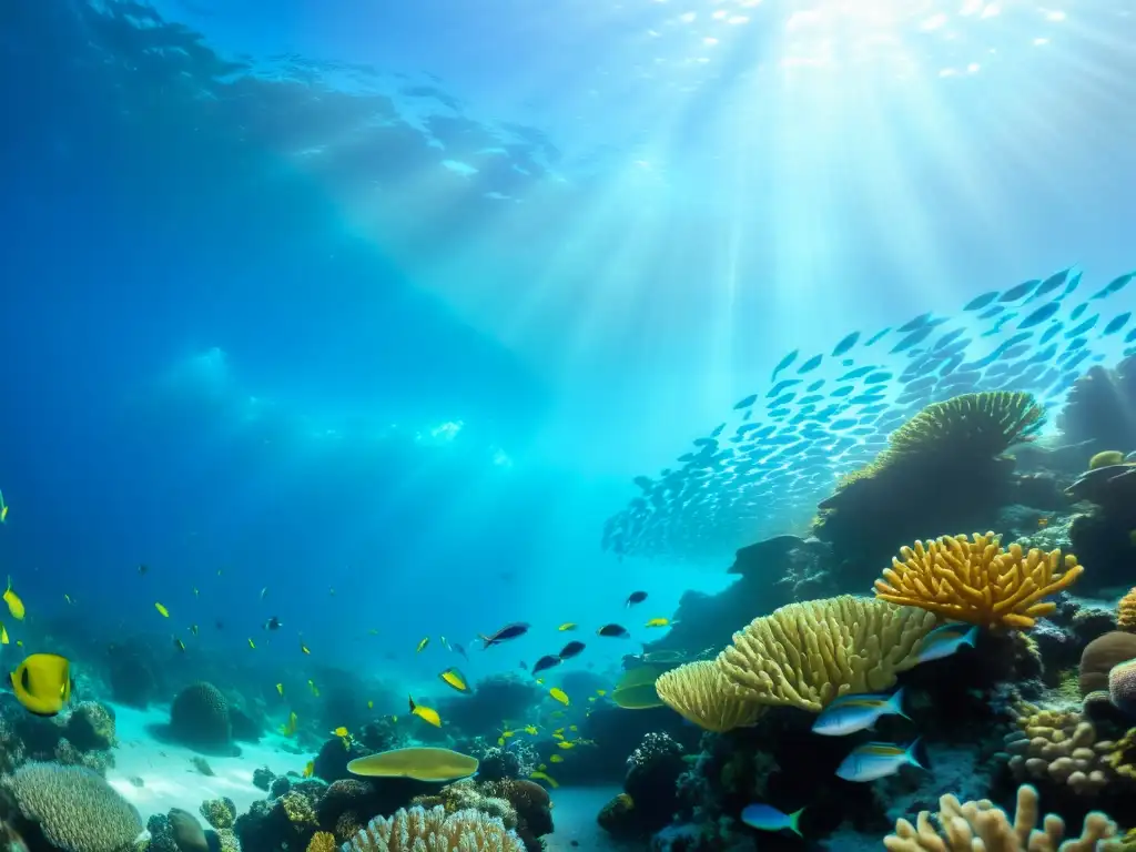 Imagen de un arrecife de coral vibrante, peces coloridos y vida marina en un ecosistema marino sostenible