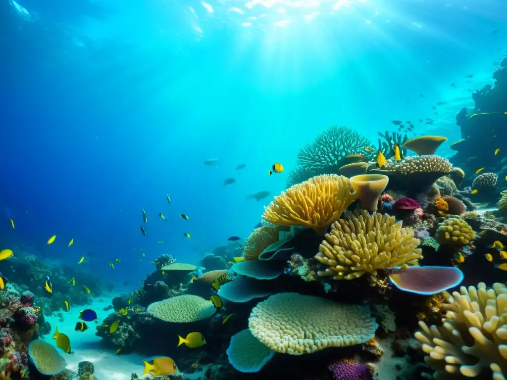 Imagen 8k de arrecife de coral vibrante, inspiración joyería vida marina, con peces y vida marina colorida bajo el sol filtrado en el agua cristalina