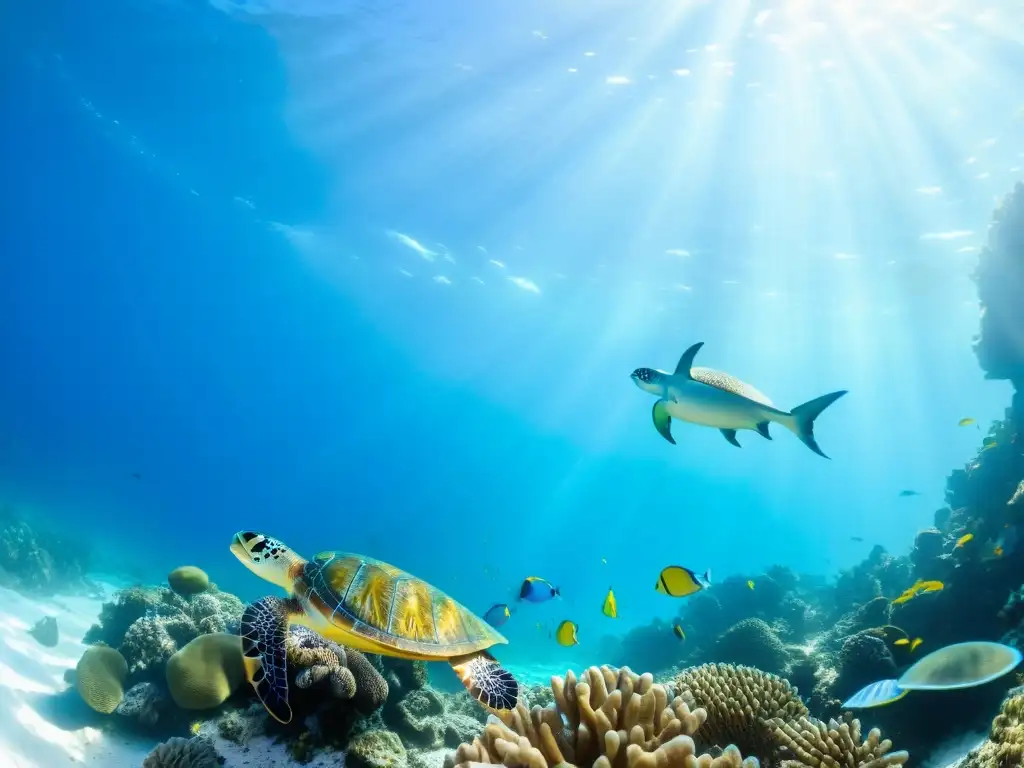 Imagen de un arrecife de coral vibrante, con peces coloridos y aguas cristalinas