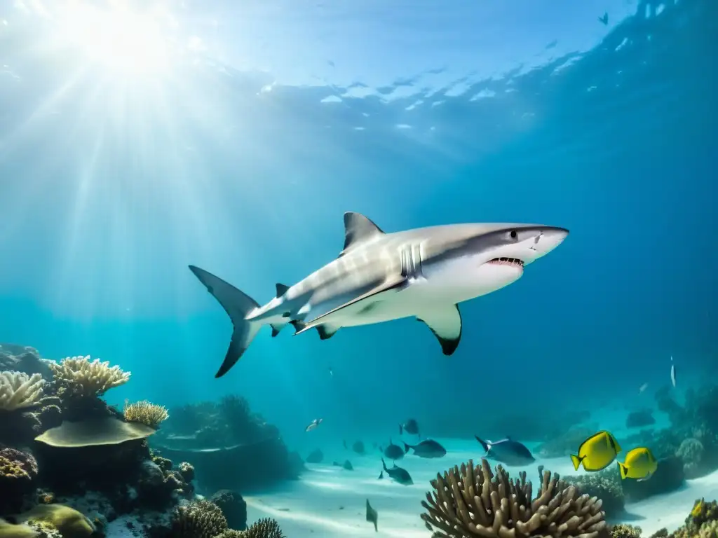 Imagen de un arrecife de coral vibrante, con un tiburón majestuoso navegando entre la vida marina