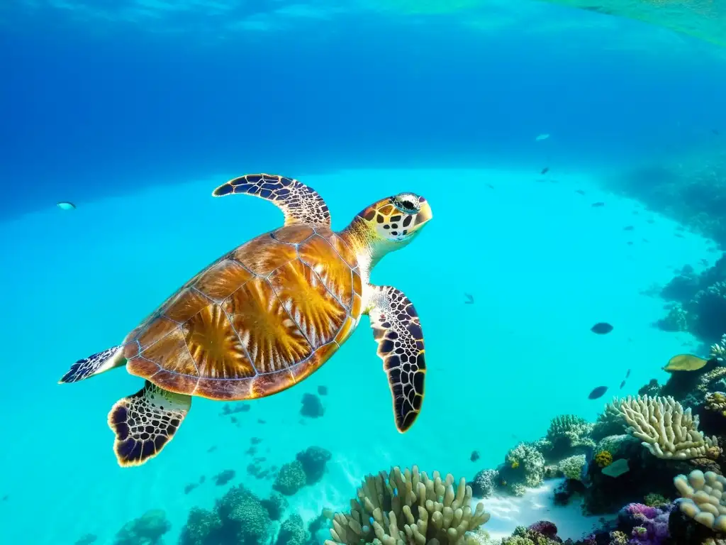 Imagen de un arrecife de coral vibrante con una tortuga marina grácil nadando