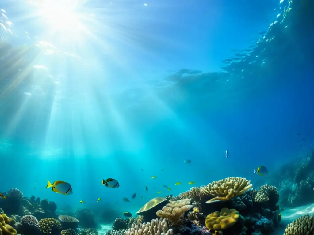 Imagen de un arrecife de coral vibrante con vida marina colorida y tortugas marinas, creando un ambiente sereno y encantador