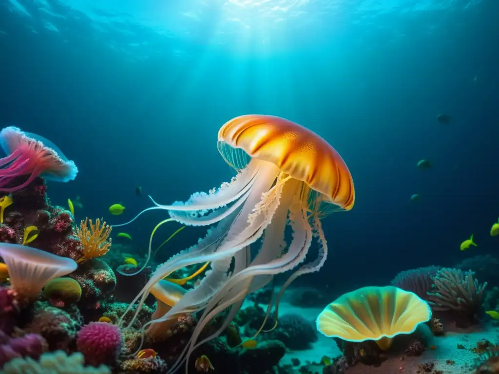 Imagen asombrosa de un ecosistema marino nunca antes visto, con especies marinas en su hábitat natural, en un mundo misterioso y etéreo