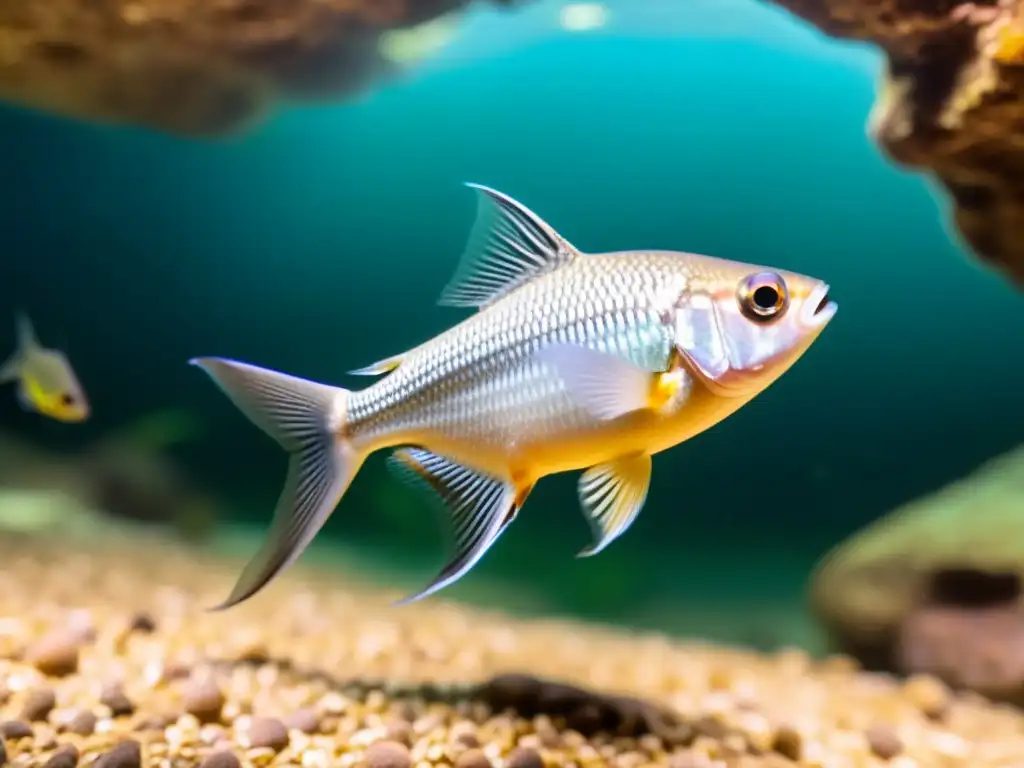 Una imagen asombrosa de una especie de pez de cueva nadando en aguas cristalinas, destacando su belleza y adaptabilidad