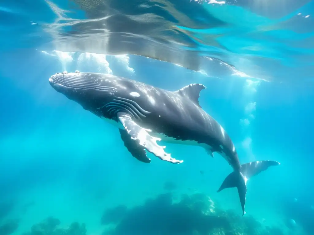 Imagen 8k de ballena jorobada en aguas turquesa rodeada de cardumen