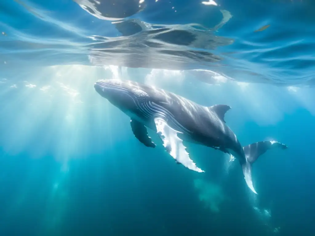 Imagen de una ballena jorobada nadando con elegancia en aguas cristalinas