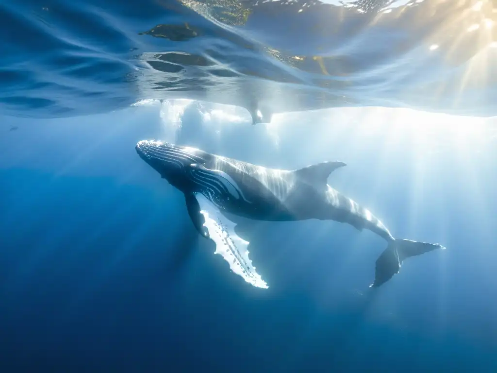 Imagen de una ballena jorobada nadando en las profundidades azules del océano, con la luz del sol filtrándose y resaltando su elegante figura