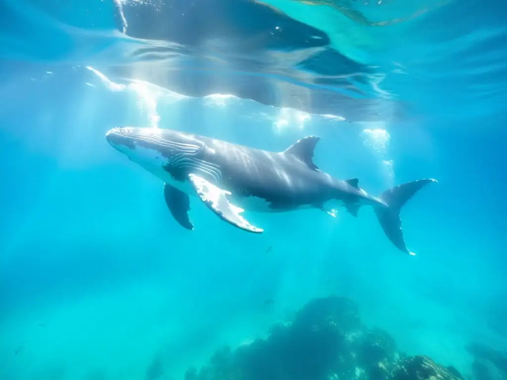 Imagen de ballenas jorobadas nadando en aguas cristalinas, destacando la belleza y fragilidad del ecosistema marino