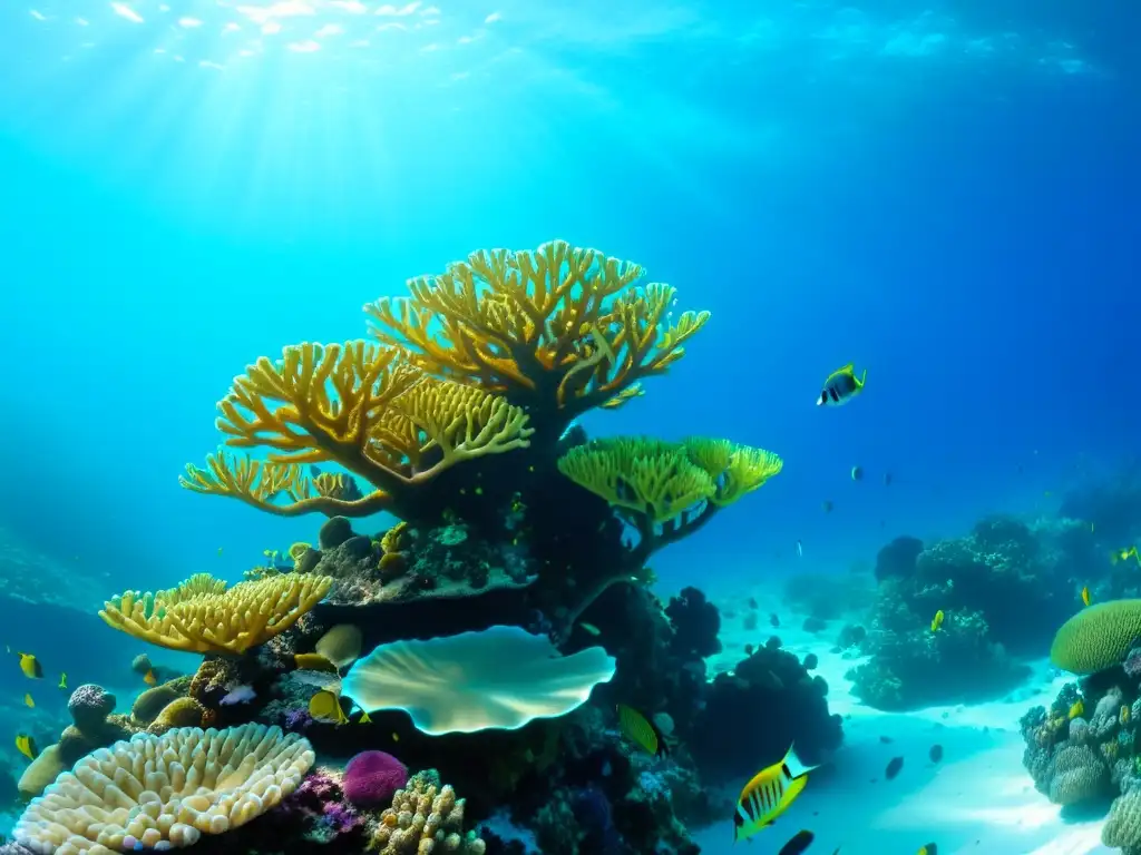 La imagen muestra la belleza y fragilidad de los arrecifes de coral, un paisaje submarino vibrante y colorido con vida en movimiento