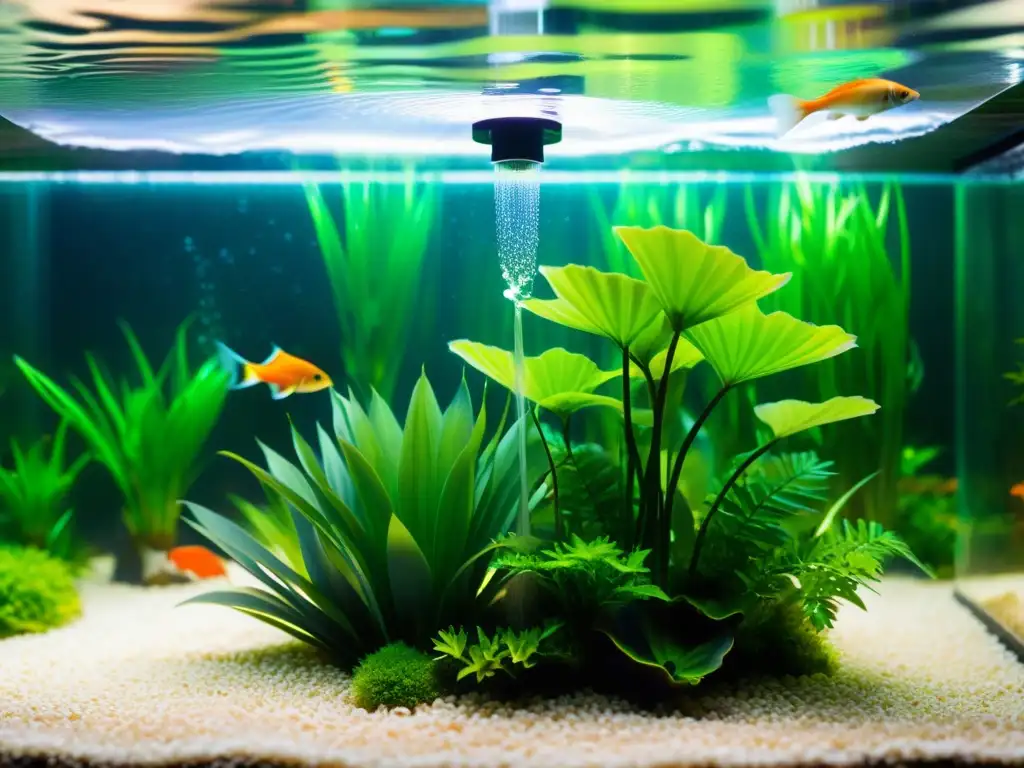 Una imagen de una bomba de agua sumergida en un acuario, rodeada de plantas verdes y peces coloridos