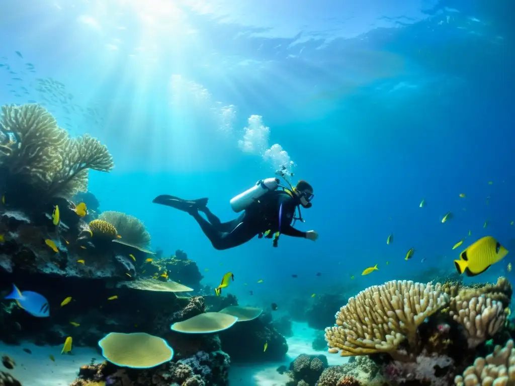 Imagen de un buceador explorando un arrecife de coral vibrante y lleno de vida marina, bajo el agua cristalina