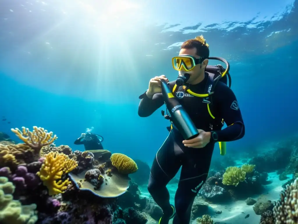 Imagen de buceador inspeccionando la durabilidad de un traje de neopreno, con arrecifes de coral y vida marina en el fondo