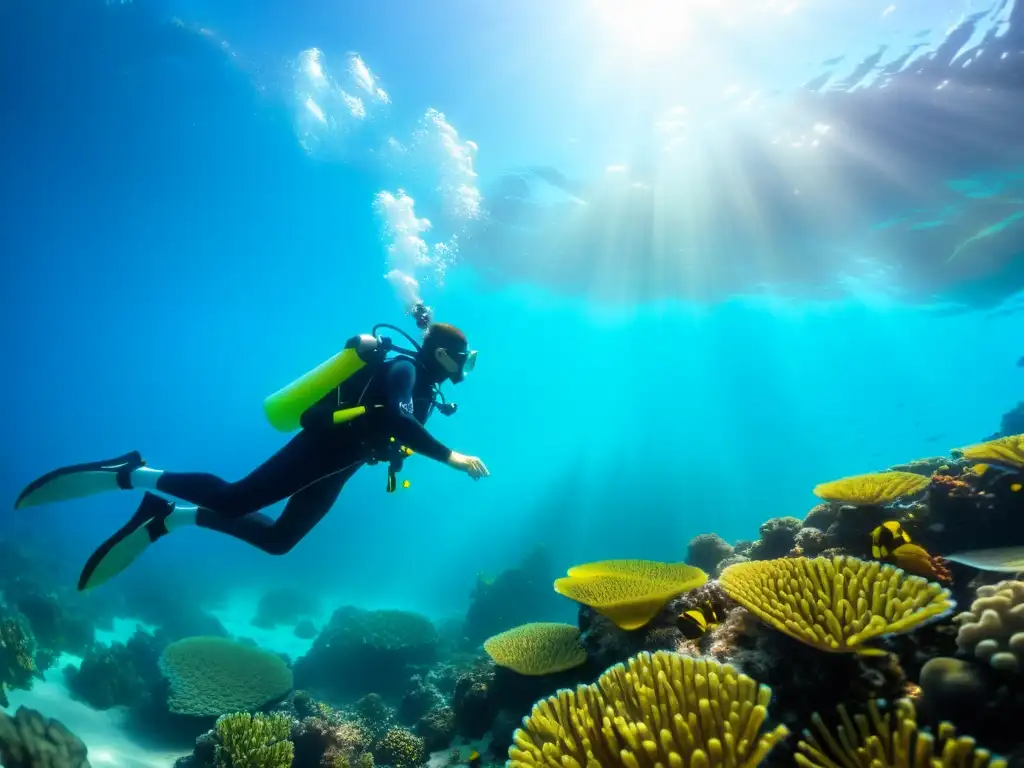Imagen de buceador realizando ejercicios de estabilidad entre coloridos arrecifes y peces en el fondo marino